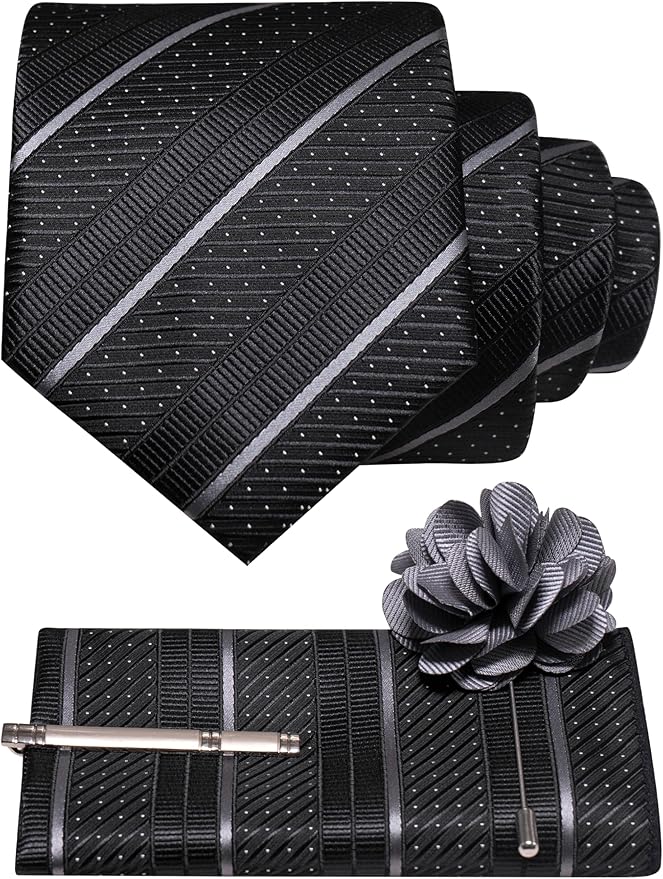 JEMYGINS Mens Striped Tie and Lapel Pin Necktie Pocket Square with Tie Clip Sets for Business Casual 4PCS
