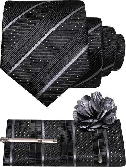 JEMYGINS Mens Striped Tie and Lapel Pin Necktie Pocket Square with Tie Clip Sets for Business Casual 4PCS