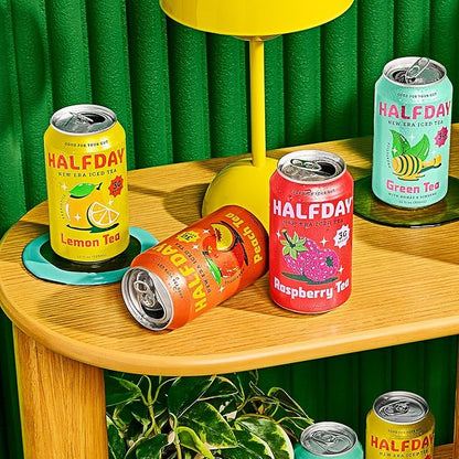 HALFDAY Prebiotic Iced Tea Lemon, Peach, Raspberry and Green Tea with Honey & Ginseng Variety Pack, Gut Health, Plant Fiber & Prebiotics, Low Sugar, 35 Calories, Natural Caffeine, 12 fl oz (12 pack) Packaging May Vary
