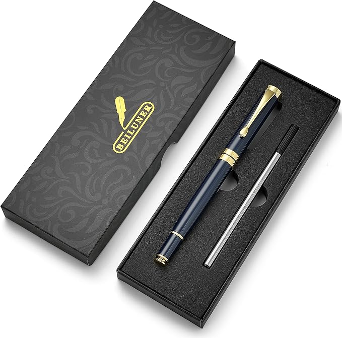 BEILUNER Ballpoint Pens, Stunning Blue Chrome Metal Pen with Golden Trim, Best Ball Pen Gift Set for Men & Women, Graduation, Executive, Office, Nice Office-Gift Box with 0.5mm Black Extra Refill