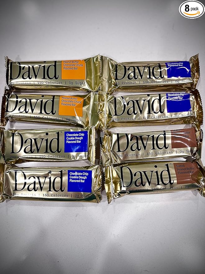 David Protein Bar 8 pack 2 Peanut butter choc chunk 2 Blueberry Pie 2 Chocolate Chip 2 Salted Peanut butter