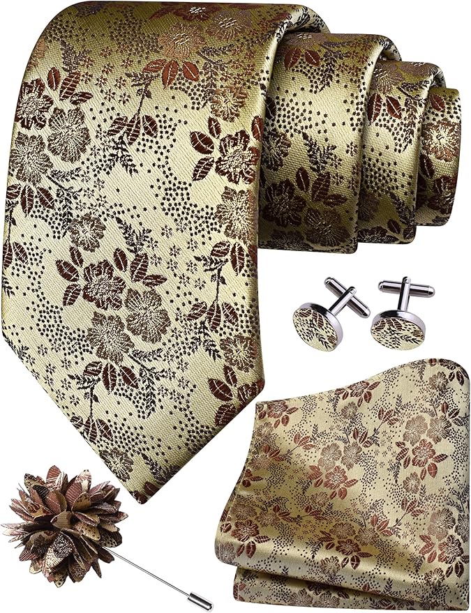 GUSLESON 3.15"（8cm） Mens Floral Tie and Lapel Pin Necktie Hankerchief Cufflinks Set for Men