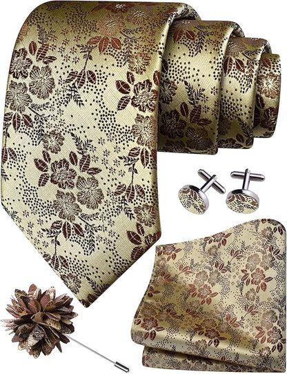 GUSLESON 3.15"（8cm） Mens Floral Tie and Lapel Pin Necktie Hankerchief Cufflinks Set for Men