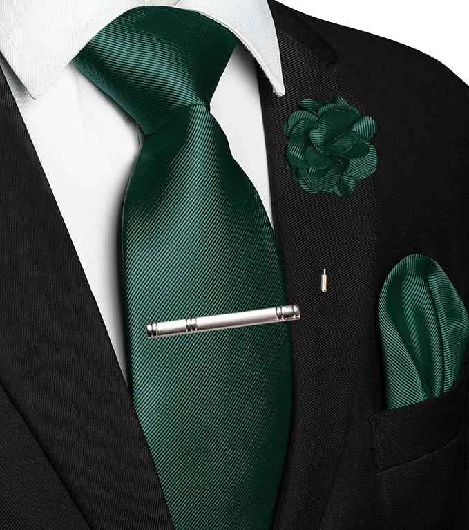 JEMYGINS Formal Necktie Solid Color Tie and Pocket Square with Tie Clip Lapel Pin Sets for Men 4PCS