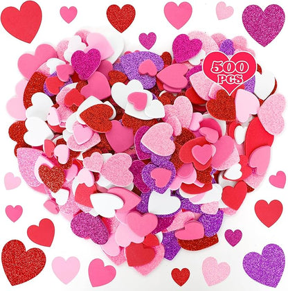 500pcs Foam Valentines Stickers, Glitter Matte Heart Stickers Valentines Crafts, Self Adhesive Foam Heart Sticker, Colorful Mixed Sticker for Card Envelop DIY Craft Party Supplies