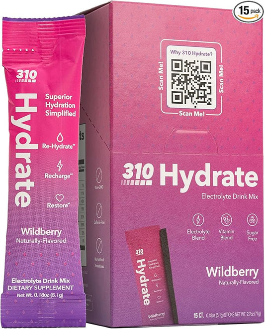 310 Nutrition Sugar Free Electrolytes Powder - Instant Hydration Packets for Daily Fluid Balance - Caffeine-Free Rehydration Drink Mix w/Vitamins, Low Calorie & Keto Friendly - Wildberry 15 Singles