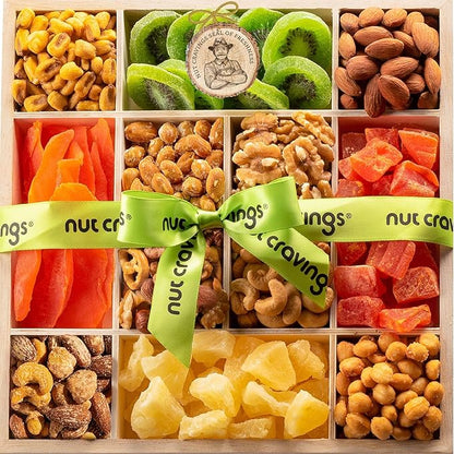 NUT CRAVINGS - Thanksgiving Dried Fruit & Mixed Nuts Gift Basket in Reusable Wooden Tray + Ribbon (12 Assortments) Holiday Xmas Christmas Food Arrangement, Healthy Snack Care Package,