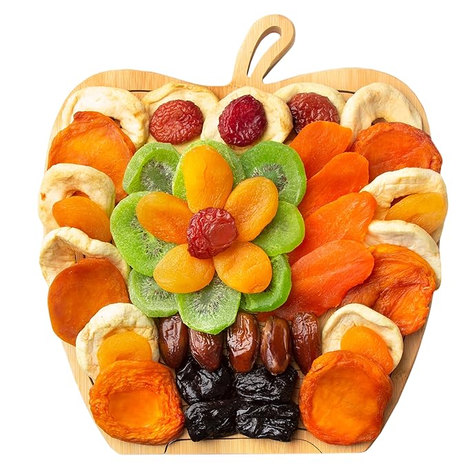 Oh! Nuts Dried Fruit Gift Basket - Gourmet Gift Baskets - Holiday Healthy Assortment Dried Fruits Gift Box - Crafted in the USA - Wooden Apple Shape Gift Tray - (Sunset Orange)