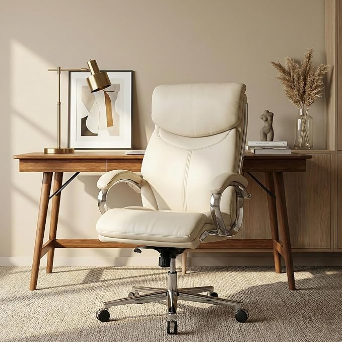 COLAMY Marcus Executive PU Leather Office Chair, High-Back Home Desk Chair Padded Seat & Back, Smooth-Rolling Casters – Luxury Ergonomic Desk Chair for Professional Workspaces (Beige)