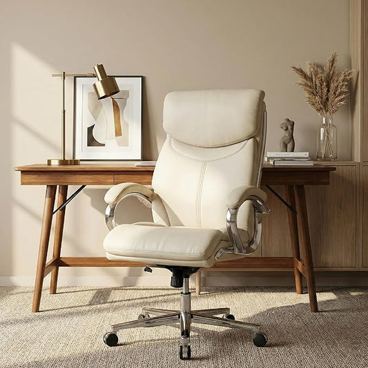 COLAMY Marcus Executive PU Leather Office Chair, High-Back Home Desk Chair Padded Seat & Back, Smooth-Rolling Casters – Luxury Ergonomic Desk Chair for Professional Workspaces (Beige)