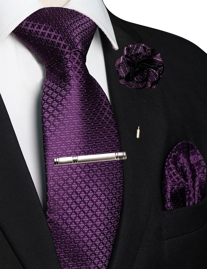 JEMYGINS Mens Solid Color Plaid Tie and Lapel Pin Necktie Pocket Square and Tie Clip with Sets for Business Casual 4PCS