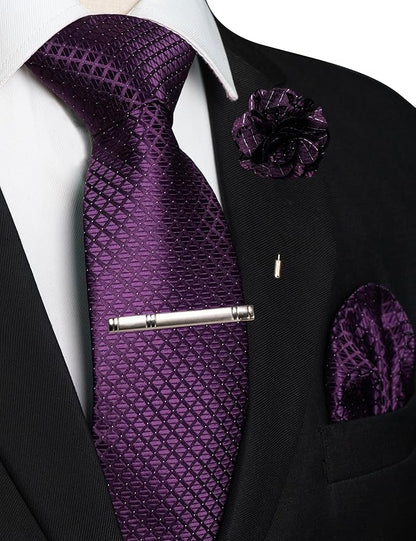 JEMYGINS Mens Solid Color Plaid Tie and Lapel Pin Necktie Pocket Square and Tie Clip with Sets for Business Casual 4PCS