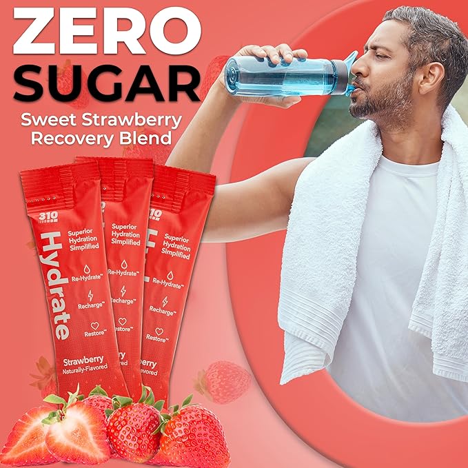 310 Nutrition Sugar Free Electrolytes Powder - Instant Hydration Packets for Daily Fluid Balance - Caffeine-Free Rehydration Drink Mix w/Vitamins, Low Calorie & Keto Friendly - Strawberry 15 Singles