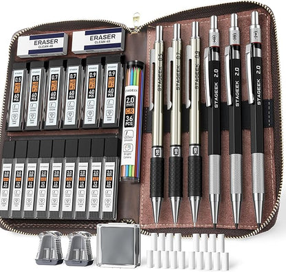 30PCS Mechanical Pencil Set with Leather Bag, Drawing Pencils 0.5, 0.7, 0.9MM & 3PCS 2MM Sketching Pencil with 464PCS Leads (6B 4B 2B HB 2H 4H Color) for Artist Drafting Drawing Writing