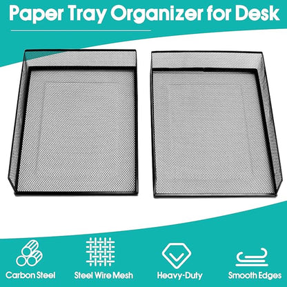 Wire Mesh Letter Trays Paper Tray Desk File Organizer, 2 Pack Stackable Metal Front-Load Documents Tray for Office Supplies File (Lengthways)