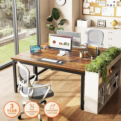 Huuger 55 x 24 inch Desk with Power Outlets & USB-C, Deeper & Thicker Desktop, Robust Metal Tubes, Computer Desk, Heavy Duty Office Desk, Work Gaming Desk for Home Office, Rustic Brown