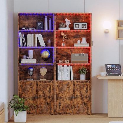 IRONCK Tall Bookcase with LED Lights, 70 in Industrial Bookshelves and Bookcases with Doors, 6 Shelf Display Storage Shelves Floor Standing for Home Office, Living Room, Bedroom