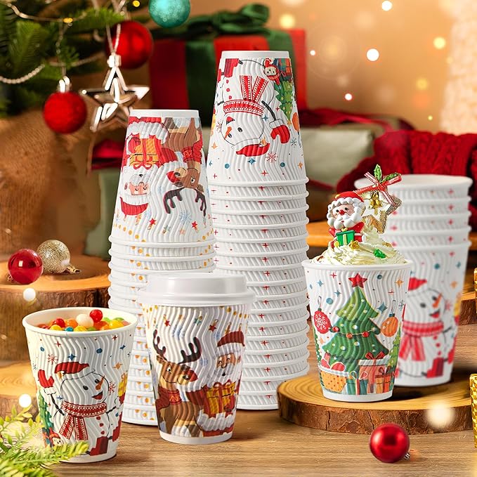 SIUQ 12 oz Christmas Coffee Cups with Lids - 50 Pack Disposable Insulated Paper Cups, Christmas Hot To Go Coffee Cups, Leak Proof Holiday Party Supplies for Office Home Celebrations