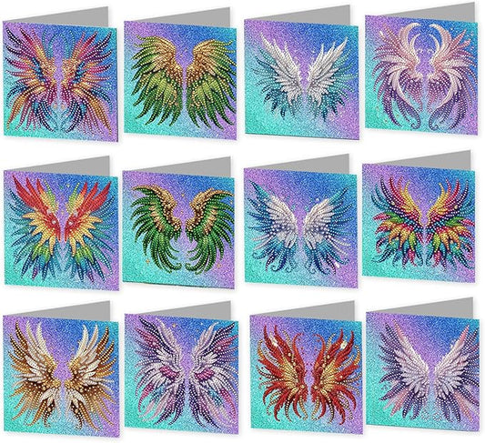 jinglinhh 12pcs Angel Wings Diamond Art Painting Greeting Cards with Envelopes, DIY Card Making Kits for Adults, Diamond Art Christmas Cards for Birthday Holiday Postcards Craft Gifts