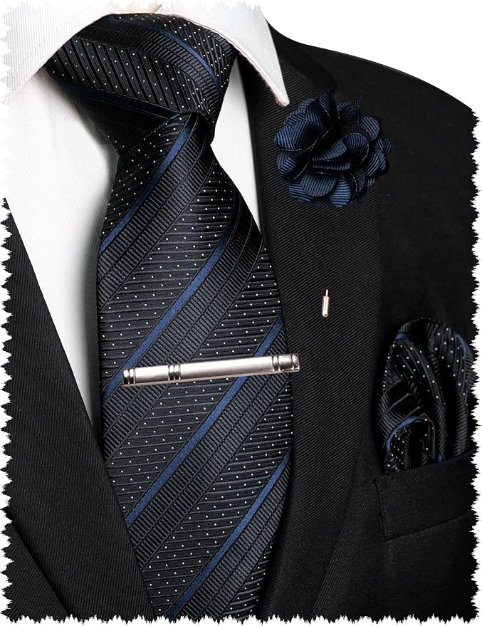 JEMYGINS Mens Striped Tie and Lapel Pin Necktie Pocket Square with Tie Clip Sets for Business Casual 4PCS