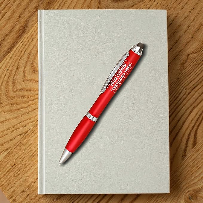 DISCOUNT PROMOS Custom Plastic Stylus Pens Set of 100, Personalized Bulk Pack - Black Ink, Great for Office, School, Business, Tradeshows, Events - Red