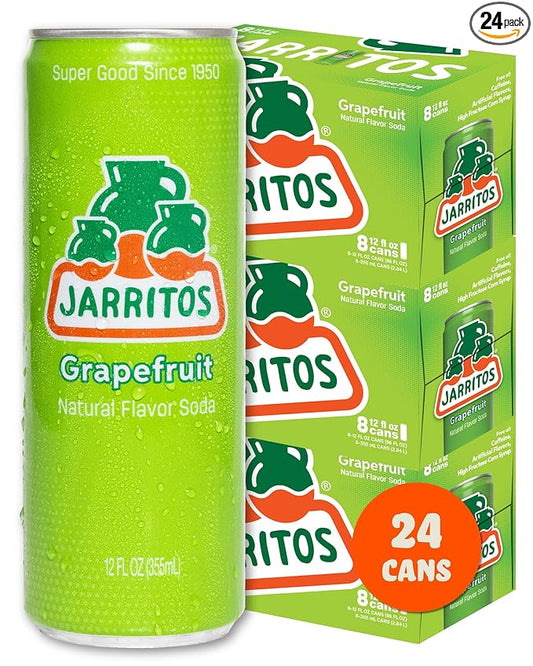 Jarritos - Mexican Soda Soft Drinks, Grapefruit (12 oz, 355ml) 8 Cans (3 Boxes of 8) - Real Cane Sugar - 130 Calories, 0g Fat - Made in Mexico - Natural Flavor Soda Pop - Party & BBQ Beverages