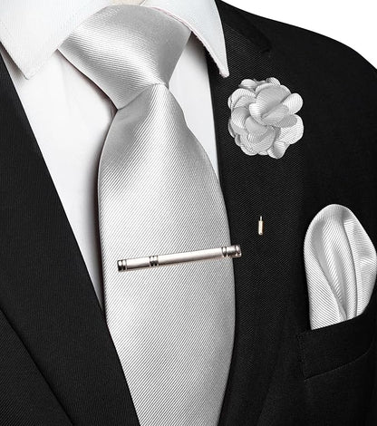 JEMYGINS Formal Necktie Solid Color Tie and Pocket Square with Tie Clip Lapel Pin Sets for Men 4PCS