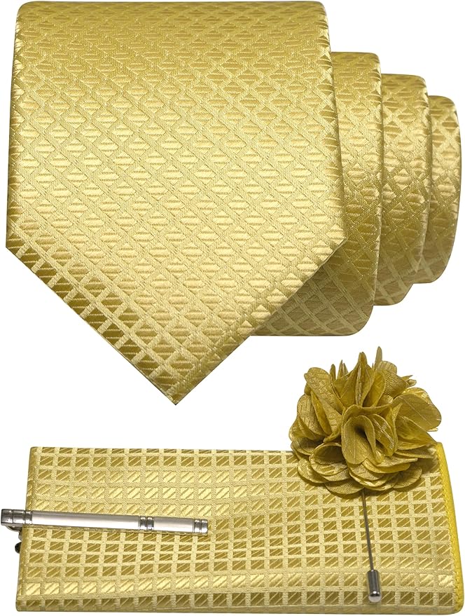 JEMYGINS Mens Solid Color Plaid Tie and Lapel Pin Necktie Pocket Square and Tie Clip with Sets for Business Casual 4PCS