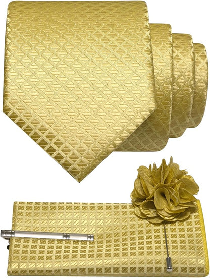 JEMYGINS Mens Solid Color Plaid Tie and Lapel Pin Necktie Pocket Square and Tie Clip with Sets for Business Casual 4PCS