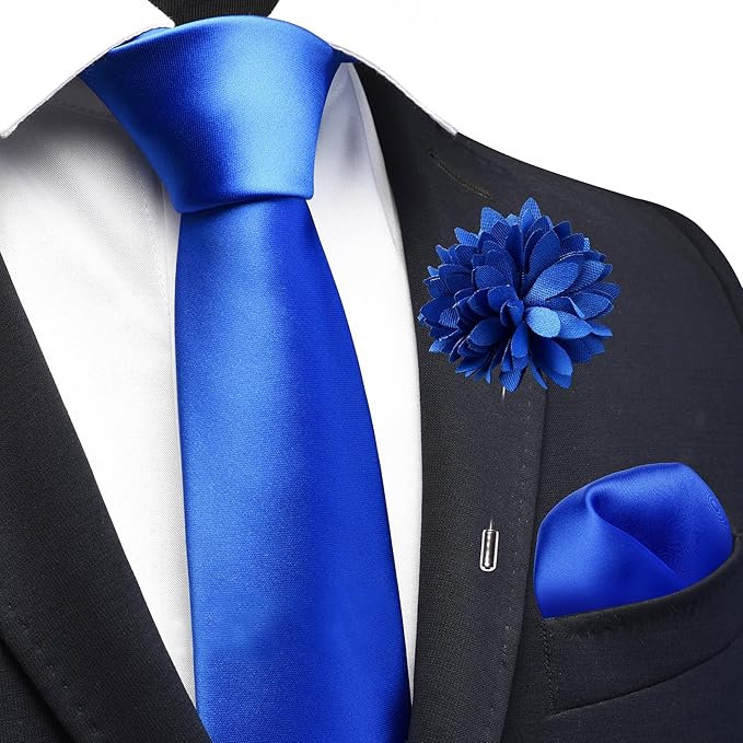 Branduce 3.15"（8cm） Pre-tied Adjustable Zipper Tie and Lapel Pin Solid Necktie Handkerchief Set for Men