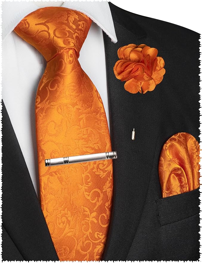 JEMYGINS Mens Floral Tie and Lapel Pin Necktie Pocket Square and Tie Clip with Sets for Business Casual 4PCS