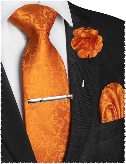 JEMYGINS Mens Floral Tie and Lapel Pin Necktie Pocket Square and Tie Clip with Sets for Business Casual 4PCS