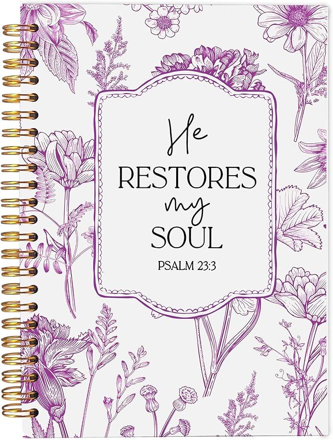 Christian Notebook for Women, Christian Art Gifts Journal, Prayer Journal for Women, Bible Journaling Notebook, PSALM 23:3 He Restores My Soul Floral Spiral Notebook 5.5x8.3