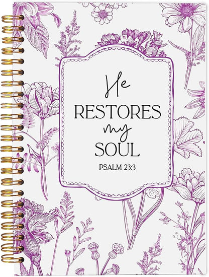 Christian Notebook for Women, Christian Art Gifts Journal, Prayer Journal for Women, Bible Journaling Notebook, PSALM 23:3 He Restores My Soul Floral Spiral Notebook 5.5x8.3