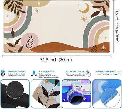 Boho Desk Mat, Abstract Retro Plant Large Mouse Pad, XXL Gaming Large Mousepad 31.5x15.7 in, Brown Grey Boho Aesthetic Desk Pad for Women Office Decor Laptop Keyboard Mouse Mat