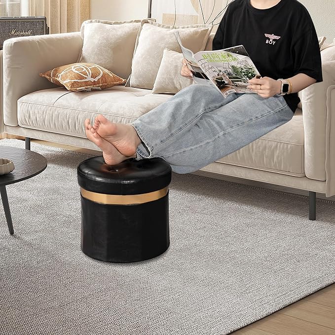 Small Ottoman with Storage,Folding Round Ottoman with Gold Trim,Velvet Storage Stool,Foot Stool with Soft Padded,Foot Rest for Living Room13“x13”x12.4(YZblack,1pcs)