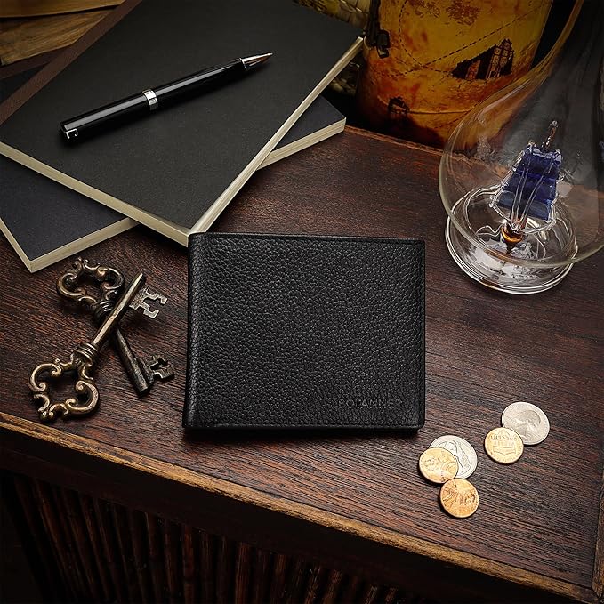 Genuine Leather Men's Flip ID Wallet RFID Blocking with 8 Credit Card Slots 2 ID Windows 3 Hidden Pockets 2 Sections for Notes | Pebble Black