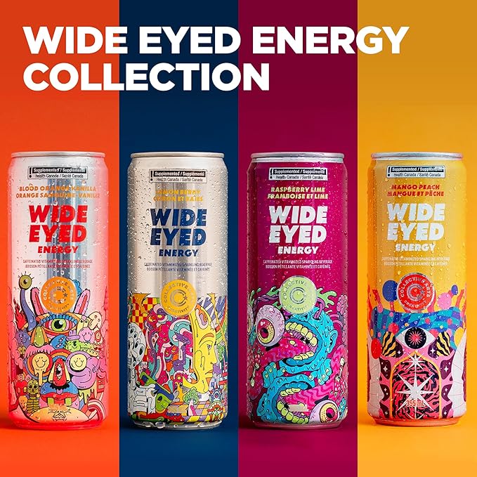 Collective Arts Wide Eyed Energy Drinks | Naturally-Flavored Caffeinated Vitaminized Sparkling Beverage With Fruit Extracts | Lemon Berry BOOST | Pack of 12 | 12 fl oz.(355ml)