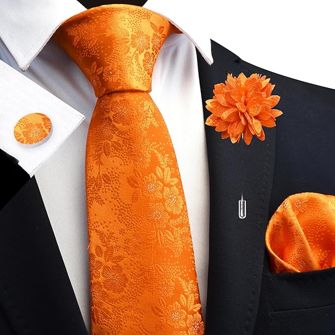 GUSLESON 3.15"（8cm） Mens Floral Tie and Lapel Pin Necktie Hankerchief Cufflinks Set for Men