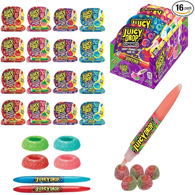 Juicy Drop Sour Halloween Candy Gummies, 16Ct Sweet Chewy Candy w/ Sour Gel in Assorted Fruity Flavors, Full Size, Sour Candy Variety Pack For Party Favors, Trick or Treat, Halloween Bowls, Kids Gifts