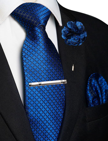 JEMYGINS Mens Solid Color Plaid Tie and Lapel Pin Necktie Pocket Square and Tie Clip with Sets for Business Casual 4PCS