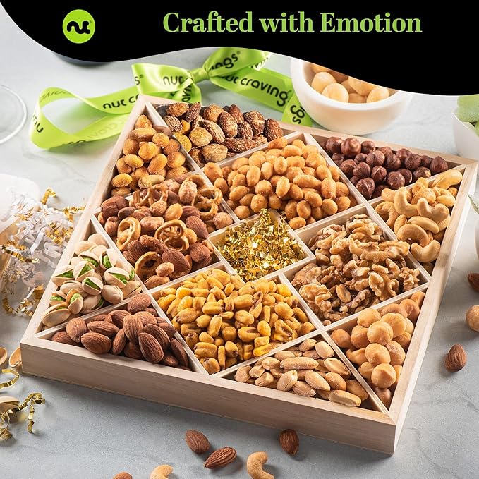 NUT CRAVINGS - Thanksgiving Mixed Nuts Gift Basket in Reusable Diamond Wooden Tray + Green Ribbon (12 Assortments) Holiday Xmas Christmas Food Arrangement Healthy Snack Care Package