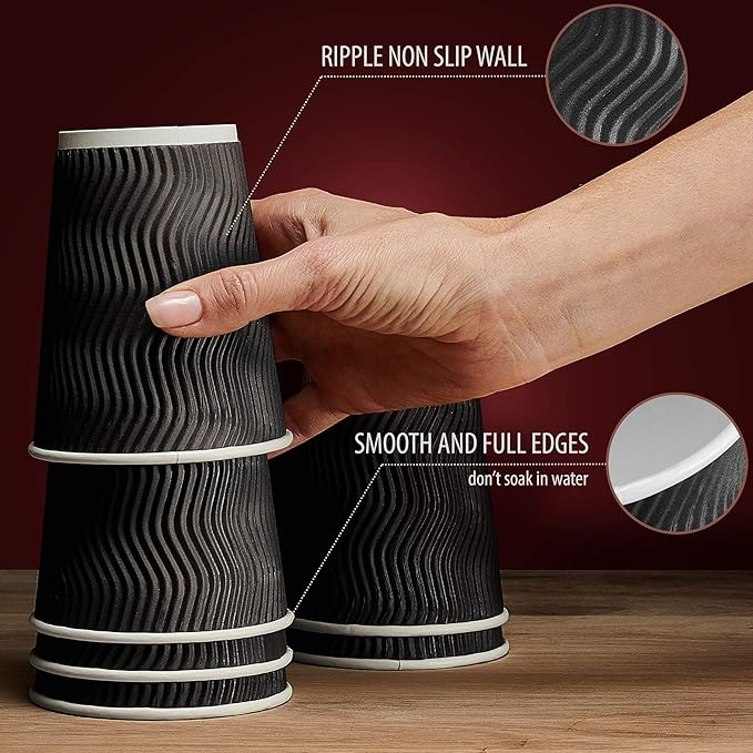 Primens Insulated Disposable Coffee Cups with Lids & Straws 12 oz, 100 Packs - Paper Cups for Hot Beverage Drinks To Go Tea Coffee Home Office Car Coffee Shop Party (Black)