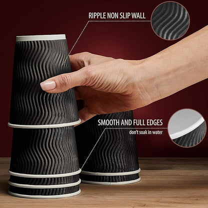 Primens Insulated Disposable Coffee Cups with Lids & Straws 12 oz, 100 Packs - Paper Cups for Hot Beverage Drinks To Go Tea Coffee Home Office Car Coffee Shop Party (Black)