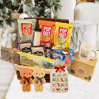 Christmas Gift Set Basket 50 Count, Includes Dubai Chocolate 200 g, Vanilla Marshmallow in Jar, Hot Cocoa Toppings, Cookies, Snacks, Two Teddy Bears and Christmas Mug, Holiday Party Favors or Gift Basket for Friends Students
