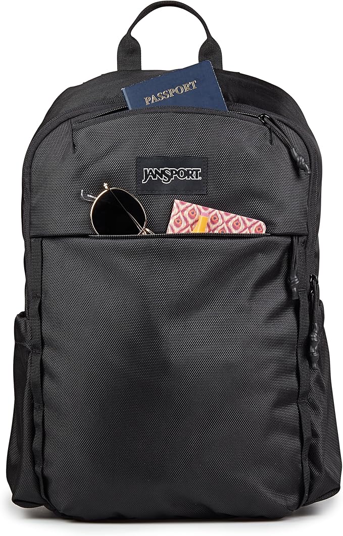 JanSport Venture Daypack – Travel Pack With Large Main Compartment, Padded Laptop Sleeve, Dual Water Bottle Pockets, and Attachment Buckles, Black