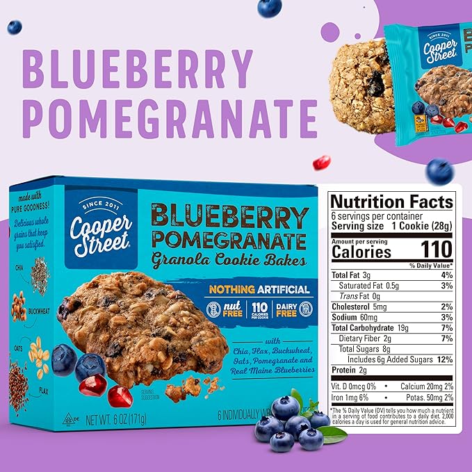 Cooper Street Granola Bakes in Delicious Blueberry Pomegranate Flavor | Healthy Chewy Granola Bars with Chia, Flax, Buckwheat and Oats | Individually Wrapped Healthy Breakfast Bars | 6 oz | 2 Pack