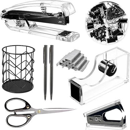 Office Desk Accessories，Office Supplies Set Acrylic Stapler Set Staple Remover, Tape Holder, Pen Holder, 2 Ballpoint Pen, Scissor, Binder Clips, Paper Clips and 1000pcs Staples(Black)