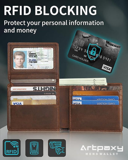 Mens Wallet Bifold Genuine Leather RFID Blocking Wallet for Men with 2 ID Windows 12 Card Holders 2 cash pockets 1 Gift Box