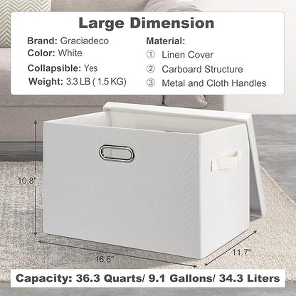 Large 17" 36 Quart Collapsible Stackable Storage Bins with Lids, 5 Packs White Linen Fabric Closet Boxes with Lids, Storage Cube Baskets Container Organizers for Bedroom Office(17 x12 x11)